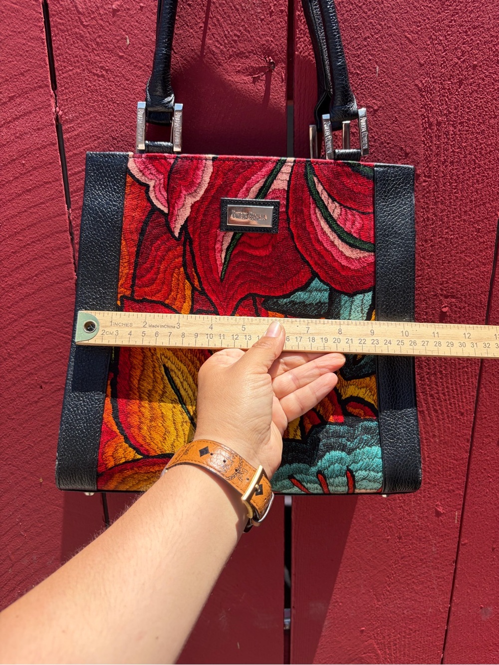 Pineda Covalin Floral Embroidered Tote Bag in Red and Multi - Picture 5 of 9